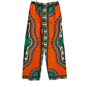 India Boutique Dashiki Orange Festival Pants Hidden Stash Pockets Boho Wide Leg